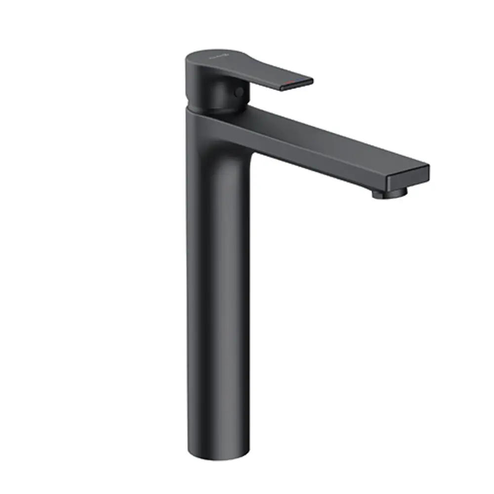 Waschbeckenarmatur in mattschwarz von Kludi mit schlankem Design und einem seitlichen Hebel zur Regulierung der Wasserzufuhr.